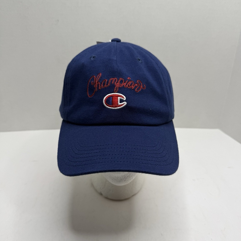 Champion Navy Blue Adjustable Baseball Cap Hat Script Logo Red White NWT